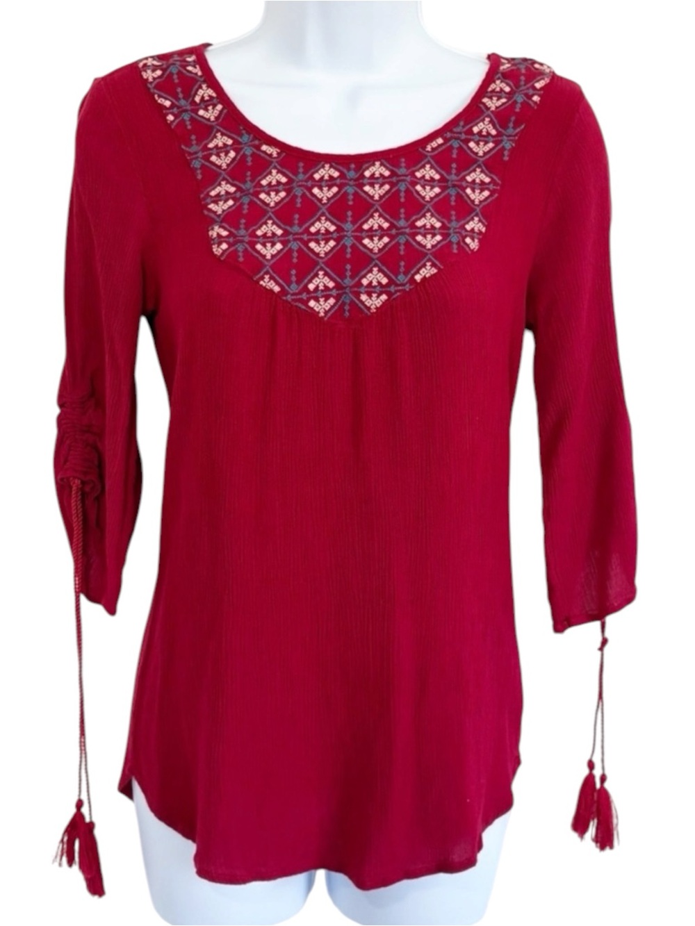 UMGEE Burgundy Red Embroidered Babydoll Blouse Tassel Sleeve Boho Top Small